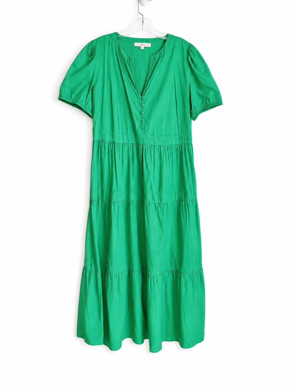 LOFT Tiered  Puff Sleeve Midi Dress in Kelly Green Size 12 - Picture 14 of 15